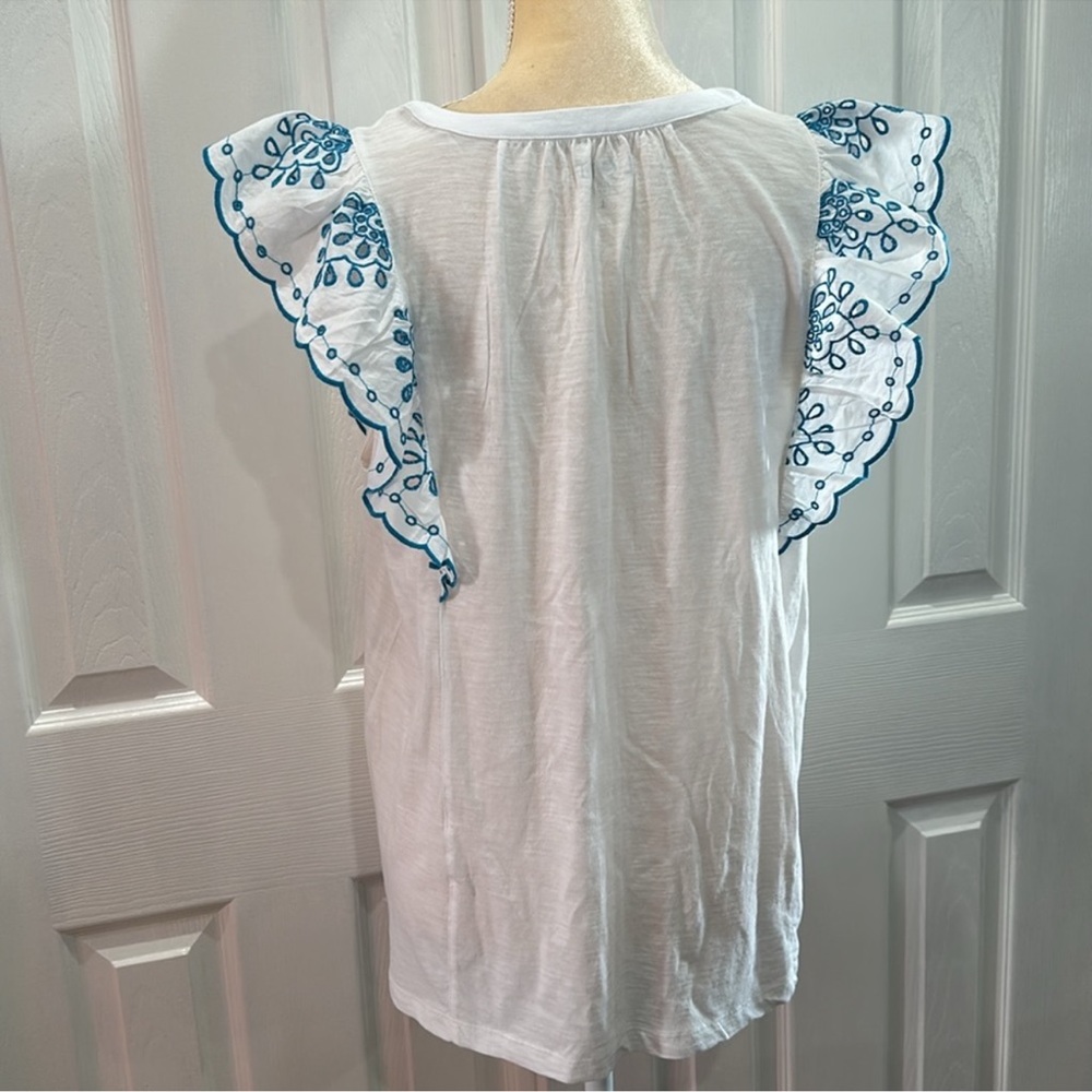 NWOT Loft Eyelet Flutter Henley White/Blue Mixed Media Top size XL - Picture 4 of 6